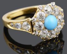 An attractive mid Victorian diamond and turquoise set cluster ring