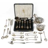 A collection of George III and later silver, teaspoons, scallop shell butter dishes, napkin ring