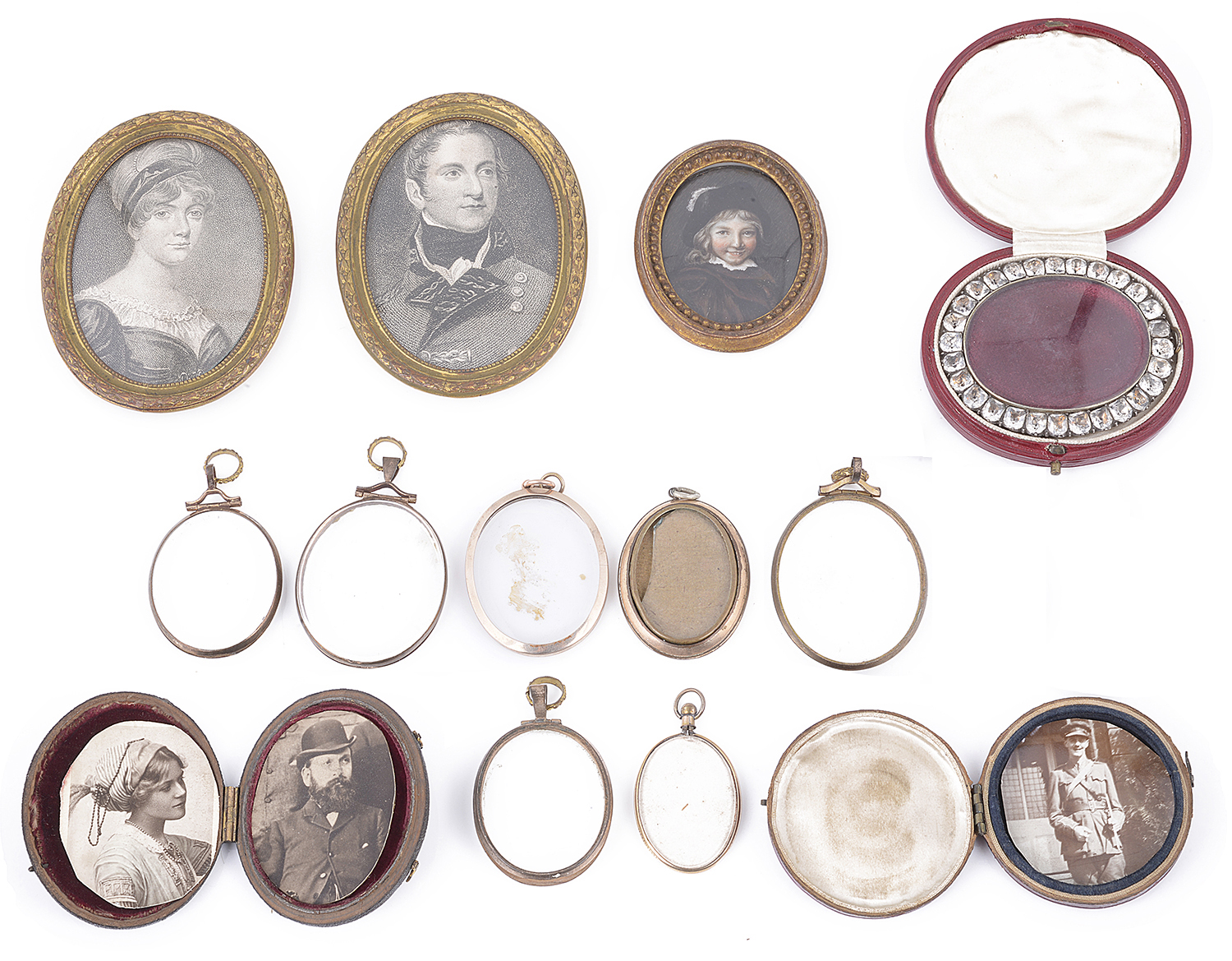 A Georgian paste set oval portrait miniature locket and others