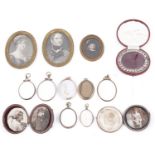 A Georgian paste set oval portrait miniature locket and others