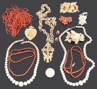 A collection of Victorian coral and carved ivory jewellery