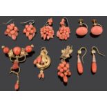 A Victorian coral drop brooch and various Victorian coral earrings