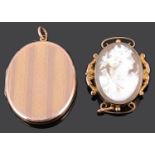 A 9ct gold oval double locket and a Victorian 9ct mounted oval carved shell cameo brooch
