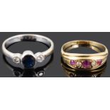 A Continental sapphire and diamond three stone ring and an Edwardian ruby and diamond ring