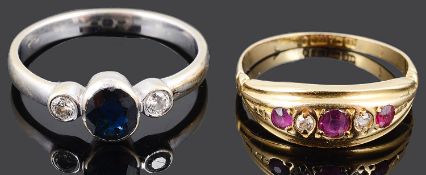 A Continental sapphire and diamond three stone ring and an Edwardian ruby and diamond ring