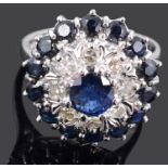 A large Continental 18ct sapphire set cluster dress ring