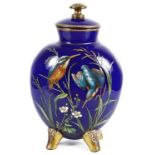 A late 19th century Aesthetic blue glass and enamelled vase and cover in the manner of Moser