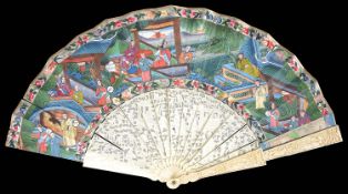 A mid 19th century large Chinese Canton ivory and painted paper fan
