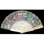 A mid 19th century large Chinese Canton ivory and painted paper fan