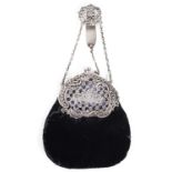 A late Victorian silver mounted blue velvet chatelaine purse,