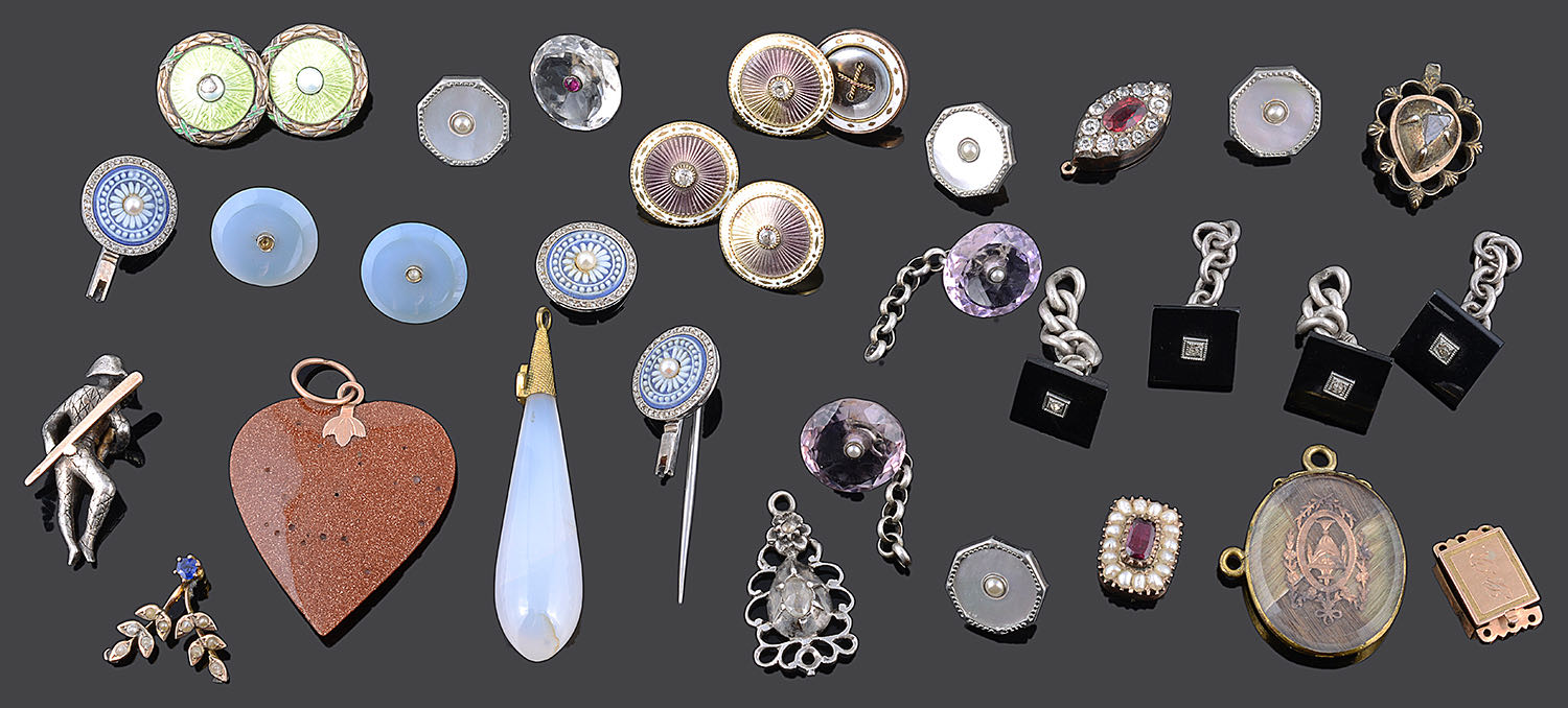 A collection of Georgian and later, diamond set and other buttons, pendants, clasps etc...