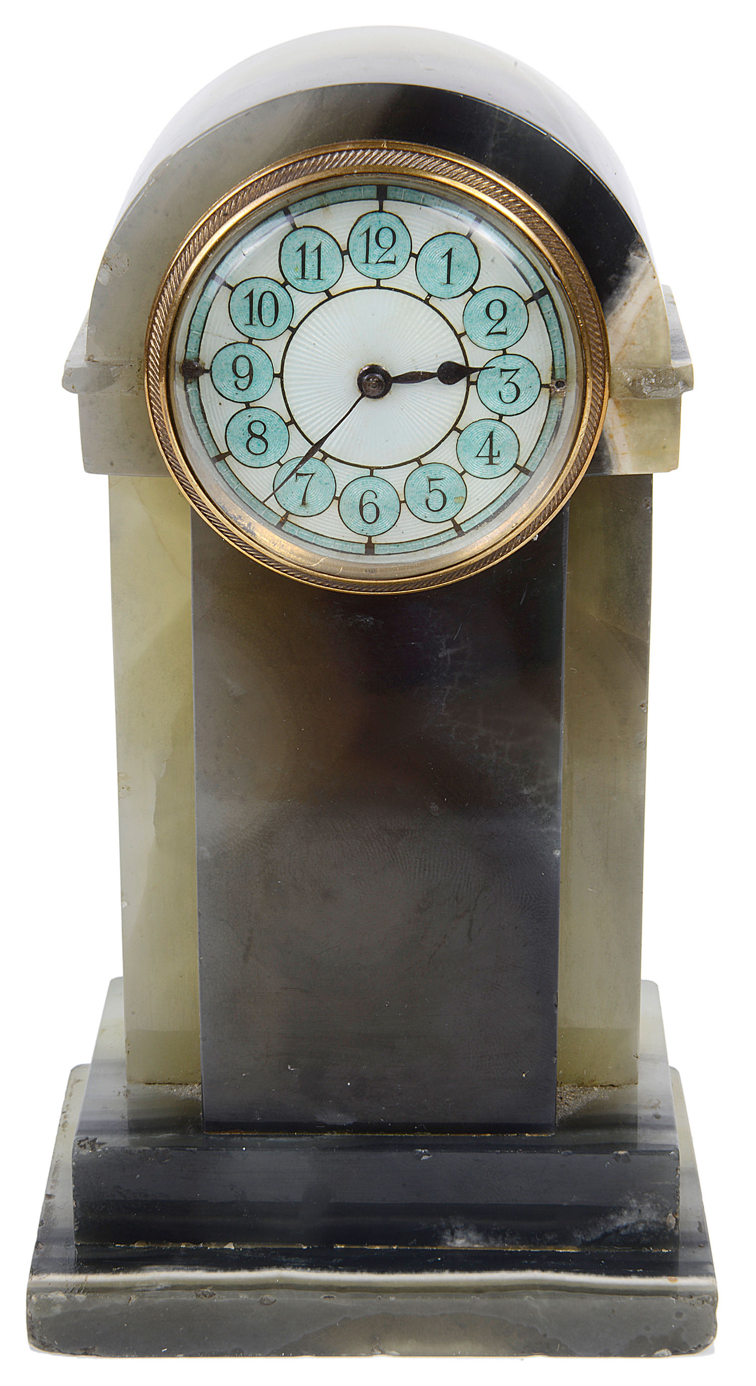 A Fr. Art Deco blue streaked grey veined agate desk clock