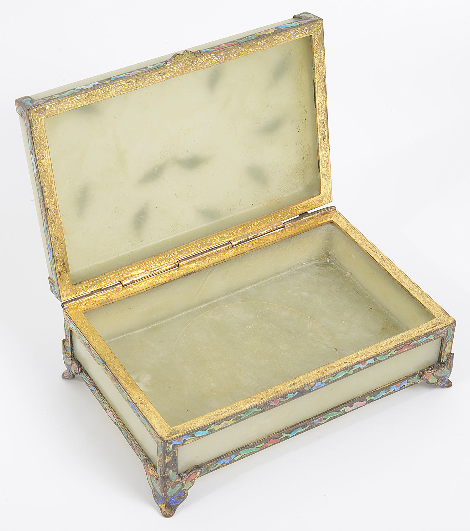 An early 20th Century Chinese celadon jadeite and enamelled silver gilt mounted table cigarette box - Image 2 of 2