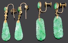 Two pairs of early 20th Century Chinese carved jade drop earrings