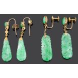 Two pairs of early 20th Century Chinese carved jade drop earrings