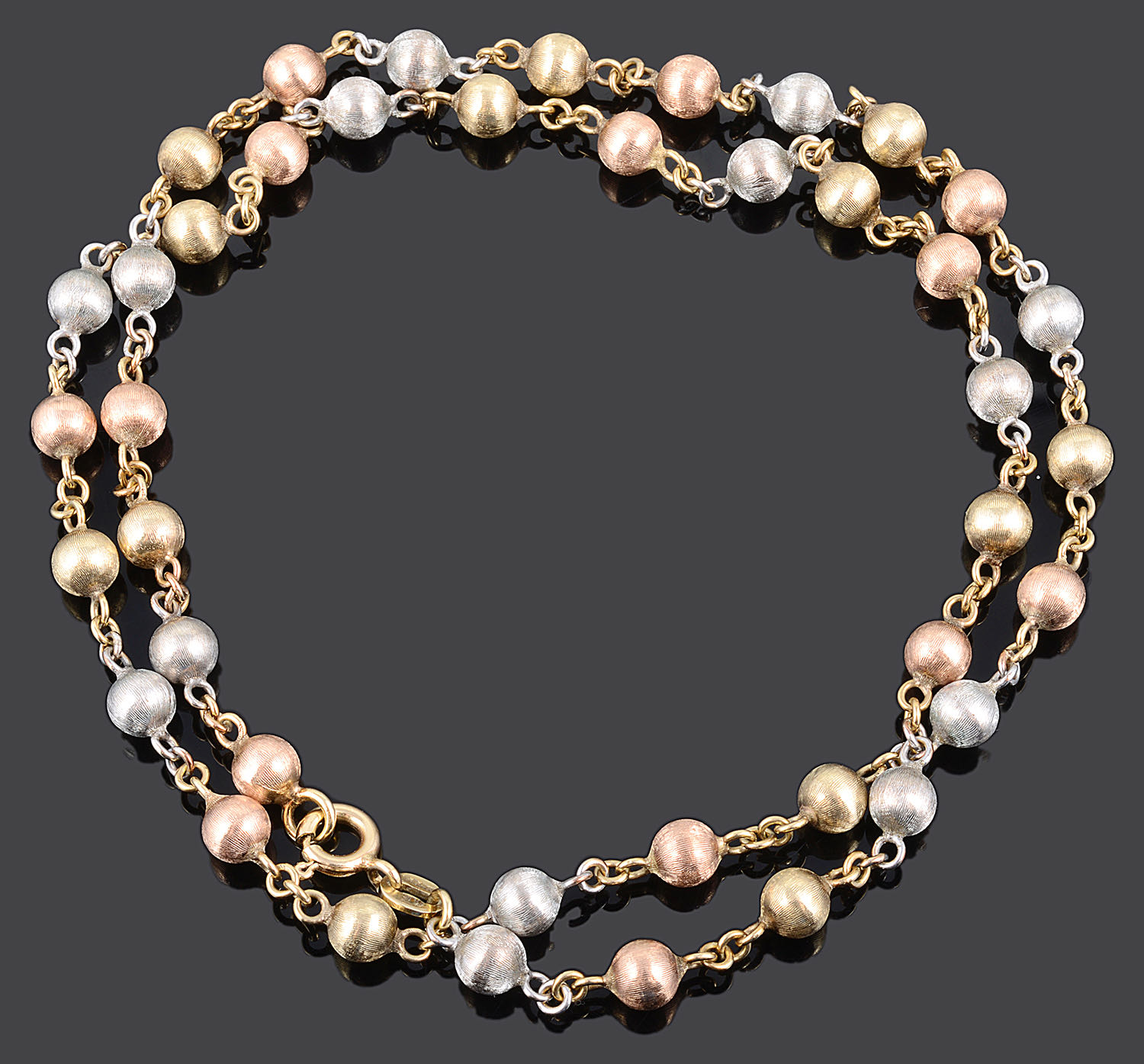 A contemporary Italian Chiampesan 9ct tricolour gold beaded necklace