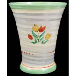 A Clarice Cliff pottery trumpet shaped ribbed 'Tulip' pattern vase