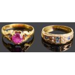 A 15ct gold sapphire and seed pearl gypsy ring and another