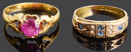 A 15ct gold sapphire and seed pearl gypsy ring and another