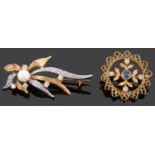 Two contemporary diamond and gem set floral brooches