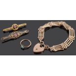 A 9ct gold four bar gate bracelet, two Edwardian stick pins and a turquoise set ring