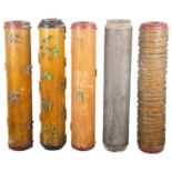 Five early to mid 20th century wood and metal wallpaper printing cylinders,