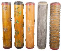 Five early to mid 20th century wood and metal wallpaper printing cylinders,