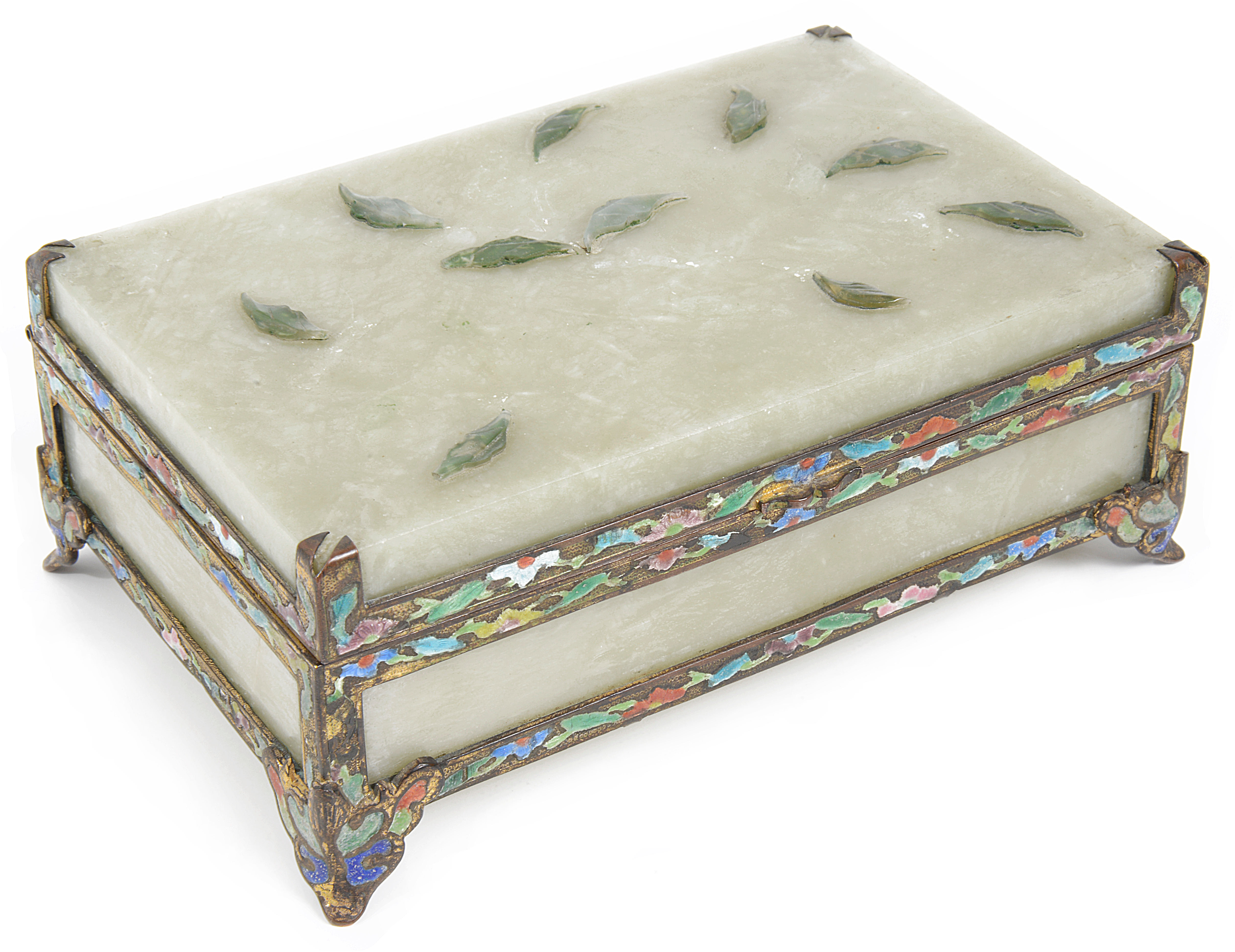 An early 20th Century Chinese celadon jadeite and enamelled silver gilt mounted table cigarette box