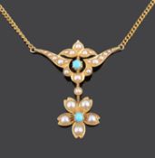 An Edwardian yellow metal pearl and turquoise pendant necklace