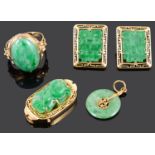 A small collection of Chinese gold mounted jade set jewellery