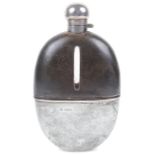 A George V large silver mounted oval glass and leather hip flask