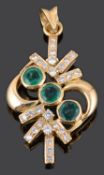 A Continental contemporary emerald and diamond set scroll pendant