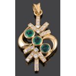 A Continental contemporary emerald and diamond set scroll pendant