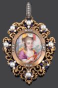 A Renaissance style diamond and enamel portrait pendant