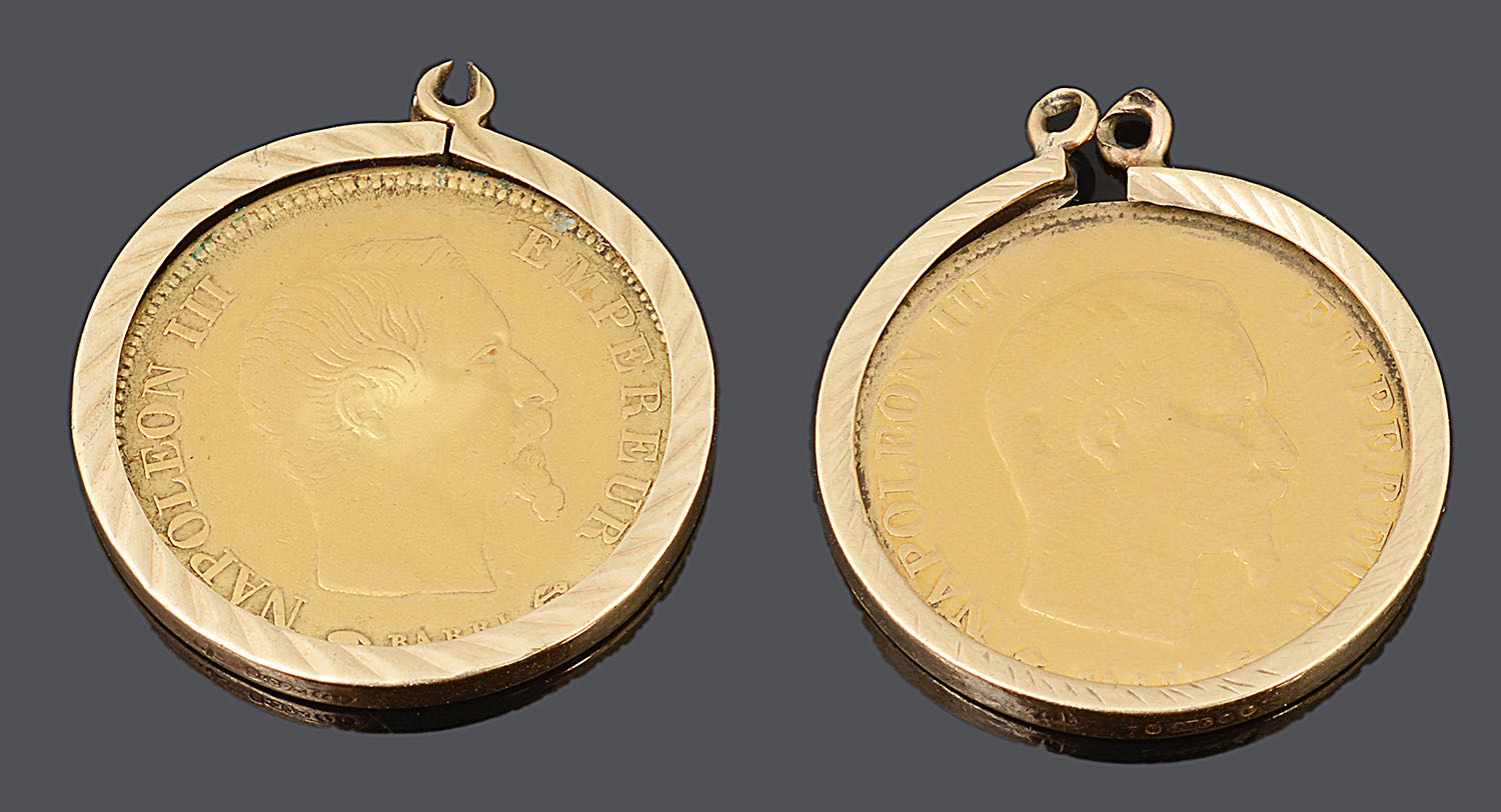 Two Napoleon III gold 10 francs 1856 & 1858, mounted in 9ct gold earring mounts