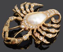 A Continental gold, blister pearl and diamond brooch in the form of a Scorpion