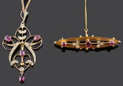 An Art Nouveau garnet and seed pearl scroll pendant and brooch