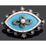 A delightful Georgian turquoise guillioche enamel and rose diamond locket back brooch