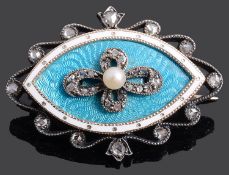 A delightful Georgian turquoise guillioche enamel and rose diamond locket back brooch