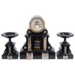A late 19th century architectural drum black slate and marble three piece clock garniture (3)