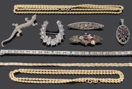 A Victorian silver horseshoe brooch and various gold and silver jewellery