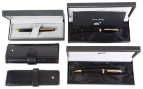 A Mont Blanc Meisterstuck black and gilt fountain pen; other (5)