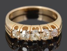 A Continental Victorian style five stone diamond set gypsy ring