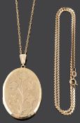 A contemporary oval hinged locket and two 9ct gold chains