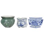 An Aesthetic period lozenge shaped blue and white planter and three others (4)