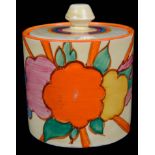 A Clarice Cliff Fantasque Fruit Burst pattern preserve pot and cover