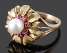 A contemporary Continental cultured pearl and ruby dress ring