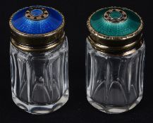 A pair of Norwegian silver-gilt and enamel topped glass salt and pepper pots by David Andersen (2)