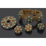 A mid 20th Century Chinese turquoise set filigree bracelet, ring, brooch and ear clips (4)