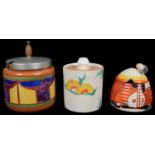 A Clarice Cliff Bizarre Farmhouse pattern beehive preserve jar and cover; others (3)